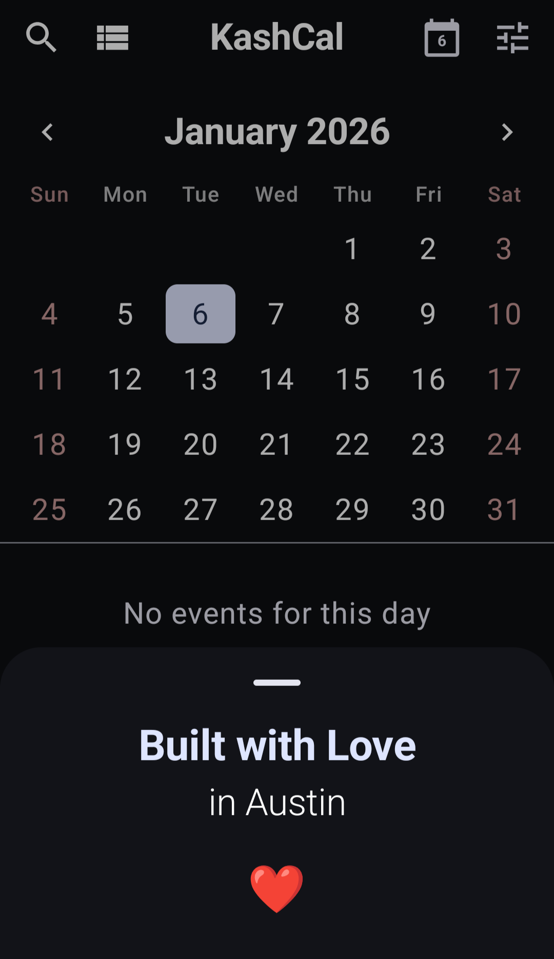 KashCal app showing January 2026 calendar